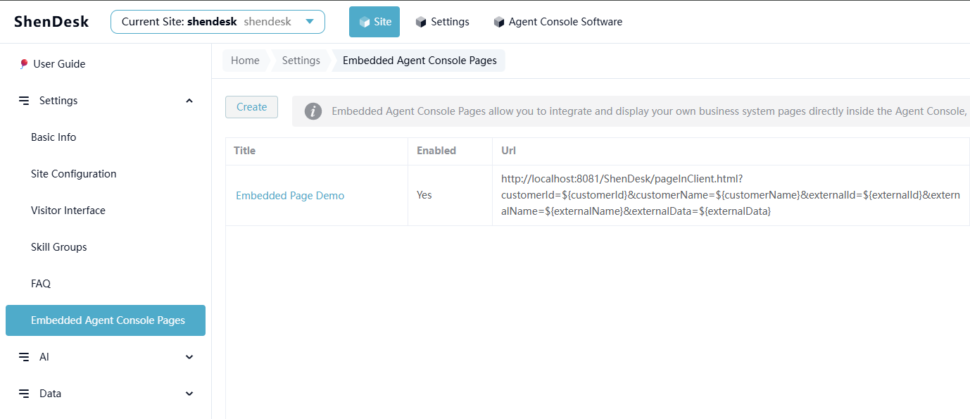 Embedded Agent Console Pages